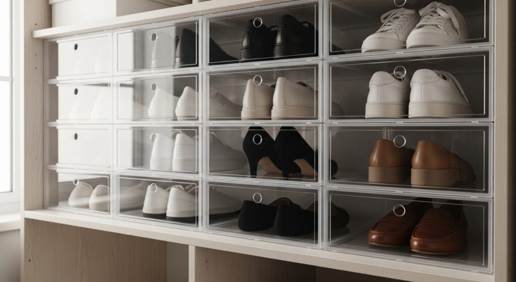 The Ultimate Closet Organization Guide (Every Type, Every Size) 12 Stacked clear drop-front shoe boxes on a closet shelf displaying pairs of shoes inside.