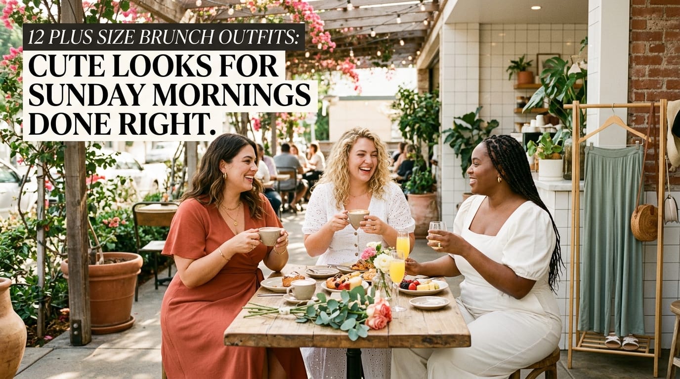 Plus size women in summer brunch outfits including wrap midi, eyelet A-line, and wide-leg jumpsuit
