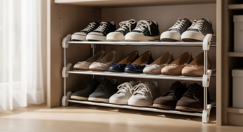 The Ultimate Closet Organization Guide (Every Type, Every Size) 6 Tiered metal shoe rack inside a closet holding several pairs of neatly arranged footwear.