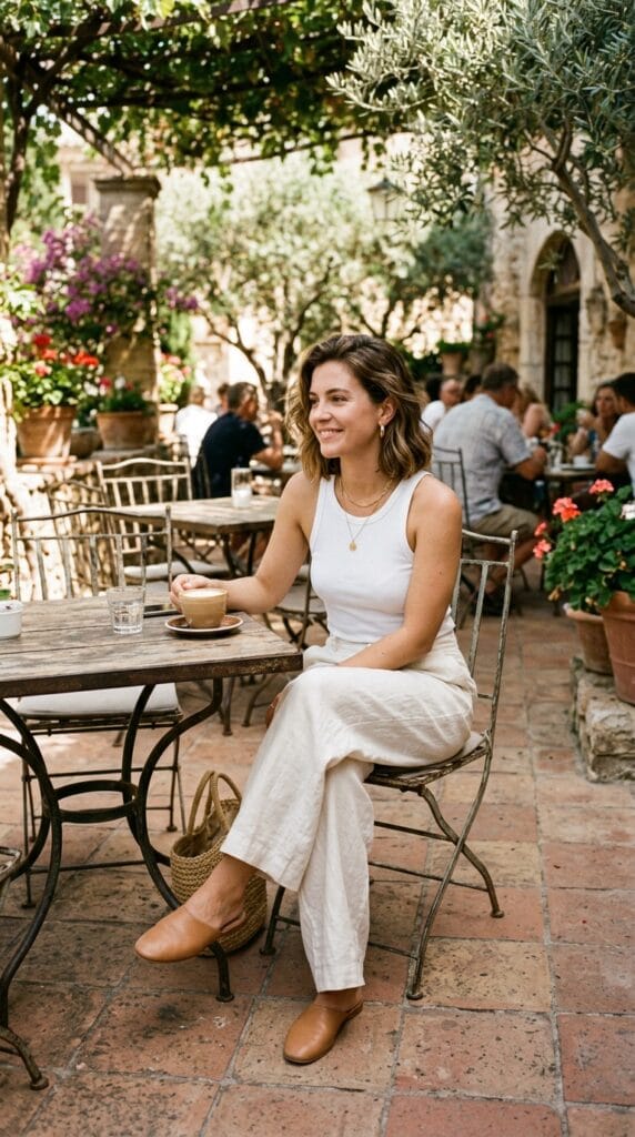 15 Cute Casual Summer Outfits That Make Getting Dressed Easy 2 Woman in wide-leg linen trousers and ribbed tank at outdoor café