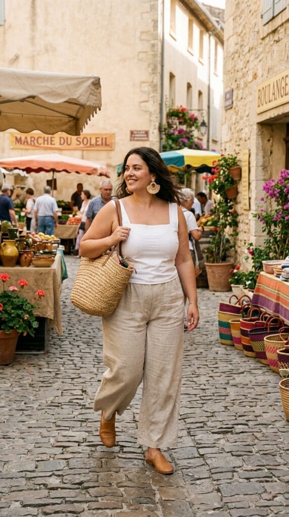 Plus Size Brunch Outfits: Cute Looks for Sunday Mornings Done Right 4 Plus size woman in wide-leg linen trousers and square-neck shell at an outdoor market