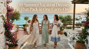 Three women in summer vacation dresses on Mediterranean terrace, golden hour editorial.