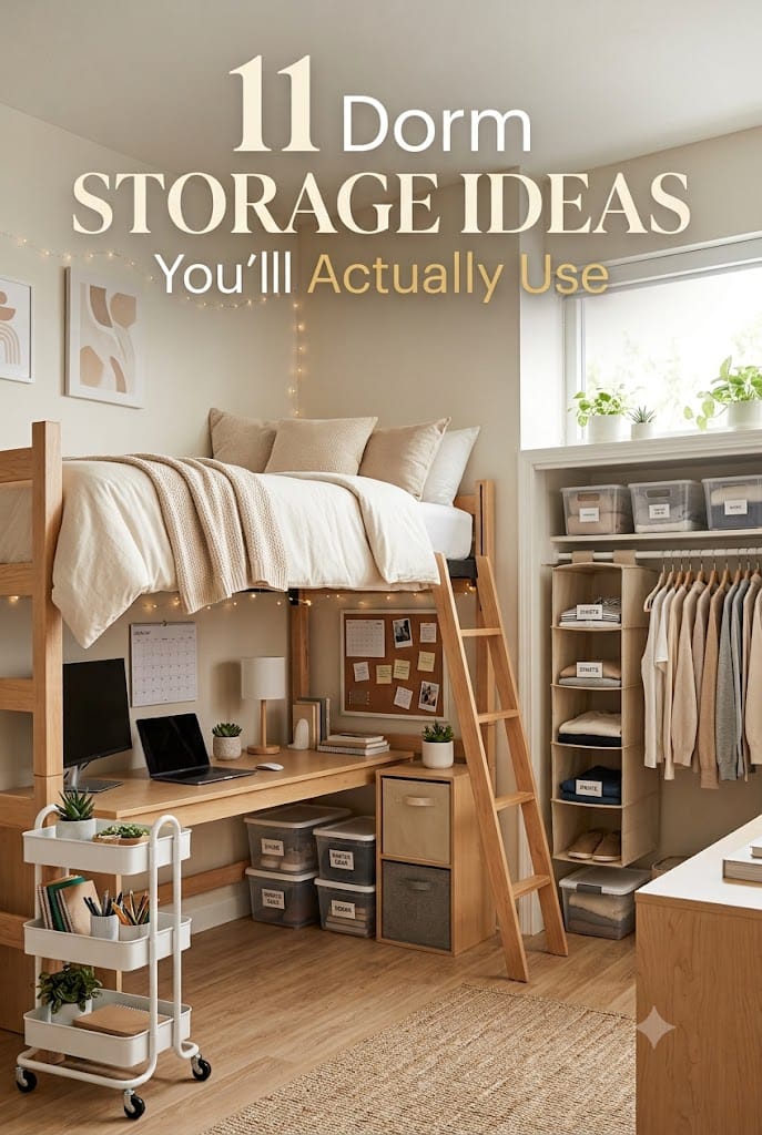 Dorm Room Organization Ideas (Closet, Desk + Small Space) 2 Organized dorm room featuring under-bed storage, desk organizers, and closet storage solutions.