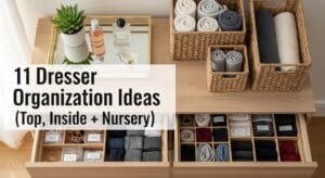 Organized dresser featuring drawer dividers, storage baskets, labels, and a mirrored tray.