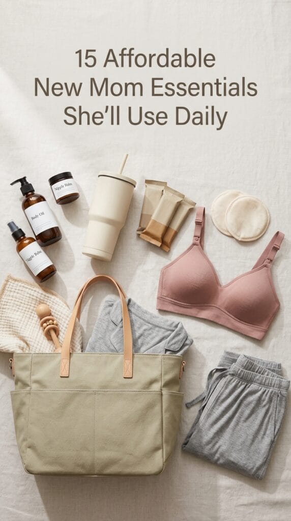 15 Affordable New Mom Essentials You'll Actually Use Every Day 2 Flat lay of affordable postpartum essentials including skincare, nursing items, snacks, and baby care accessories arranged neatly on a neutral background.