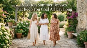 Three women in lightweight cotton summer dresses — gauze maxi, broderie anglaise midi, and printed lawn — in a sunny outdoor setting.