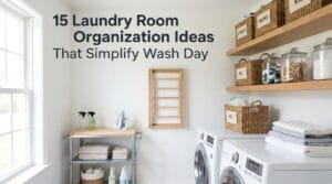 Organized laundry room featuring baskets, shelves, and neatly arranged cleaning supplies on countertop.