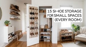 Organized small-space shoe storage display featuring wall shelves, cabinet, and over-door organizer