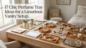 Styled vanity dresser showcasing seventeen decorative perfume trays in varied materials and finishes.