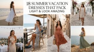 Women wearing stylish summer vacation dresses in beach, resort, and city settings.