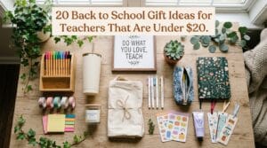 Flat lay of twenty thoughtful teacher gift ideas arranged on a wood desk surface.