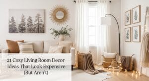 Cozy living room with layered decor, warm lighting, and natural textures styled together.