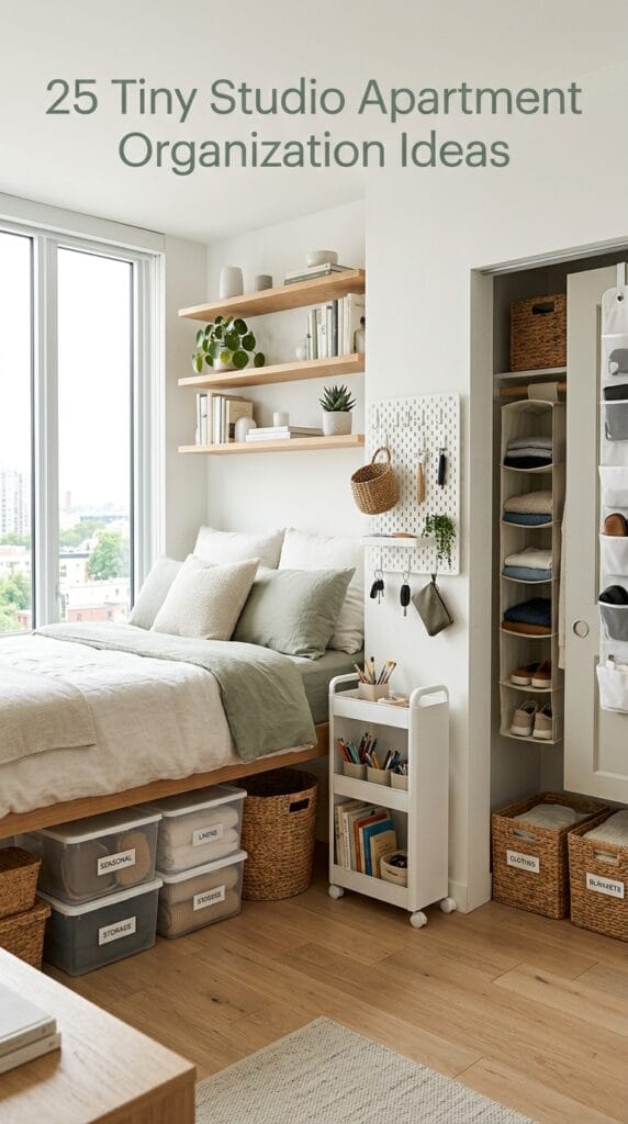 Tiny Studio Apartment Organization Guide: 25 Space-Saving Ideas 2 Modern studio apartment featuring floating shelves, storage bins, rolling cart, closet organizers, and other space-saving storage solutions in a bright minimalist interior.