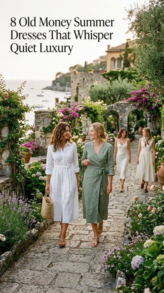 Old Money Summer Dresses That Whisper Quiet Luxury 2 Women group of old money summer dresses in linen, poplin, and crepe shown together outdoors