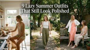 Nine lazy summer outfit ideas shown across linen, ribbed knit, and cotton pieces