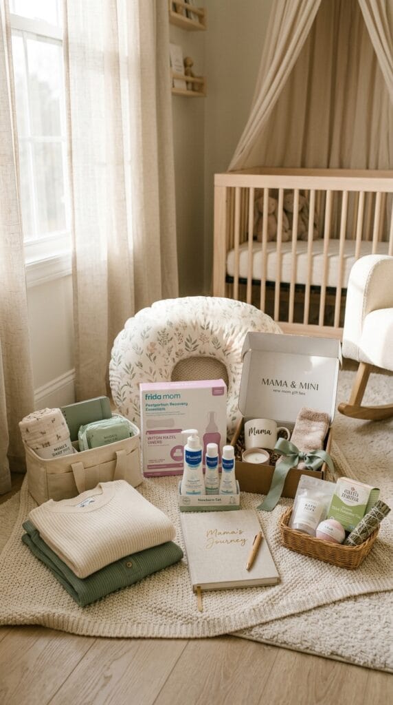 New Mom Must-Haves for a Smooth Transition Into Motherhood 2 Beautifully arranged new mom essentials including a nursing pillow, postpartum recovery kit, baby skincare products, cozy pajamas, journal, and self-care gifts in a bright nursery.