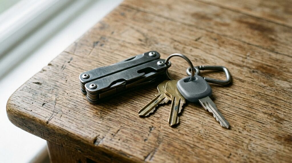 Compact multi-tool keychain with attached keys resting on a natural wooden surface in daylight