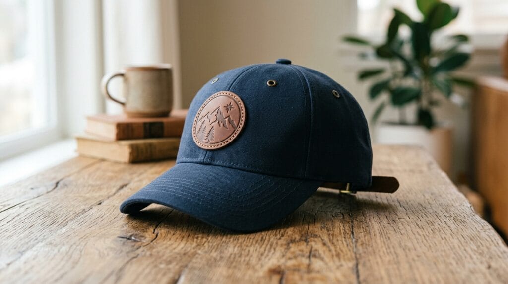 Structured baseball cap with embossed leather patch resting on a wooden surface in daylight