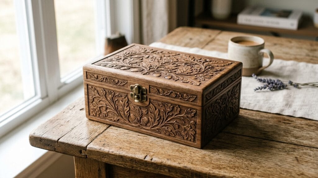 Wooden engraved keepsake box resting on a natural light wood surface in soft daylight