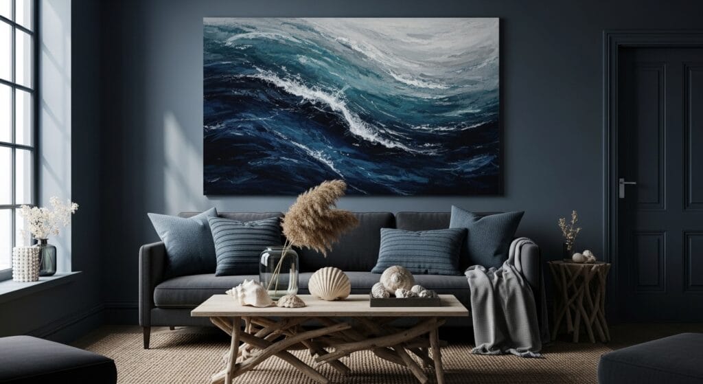 Dark Coastal Living Room: Moody, Dramatic, and Still Totally Beachy 2 Large abstract navy and teal ocean canvas art above a dark coastal sofa.