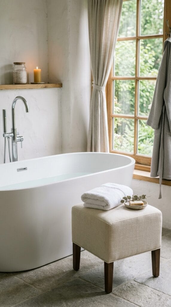 Cream upholstered accent stool beside a white freestanding bathtub with folded towel on top