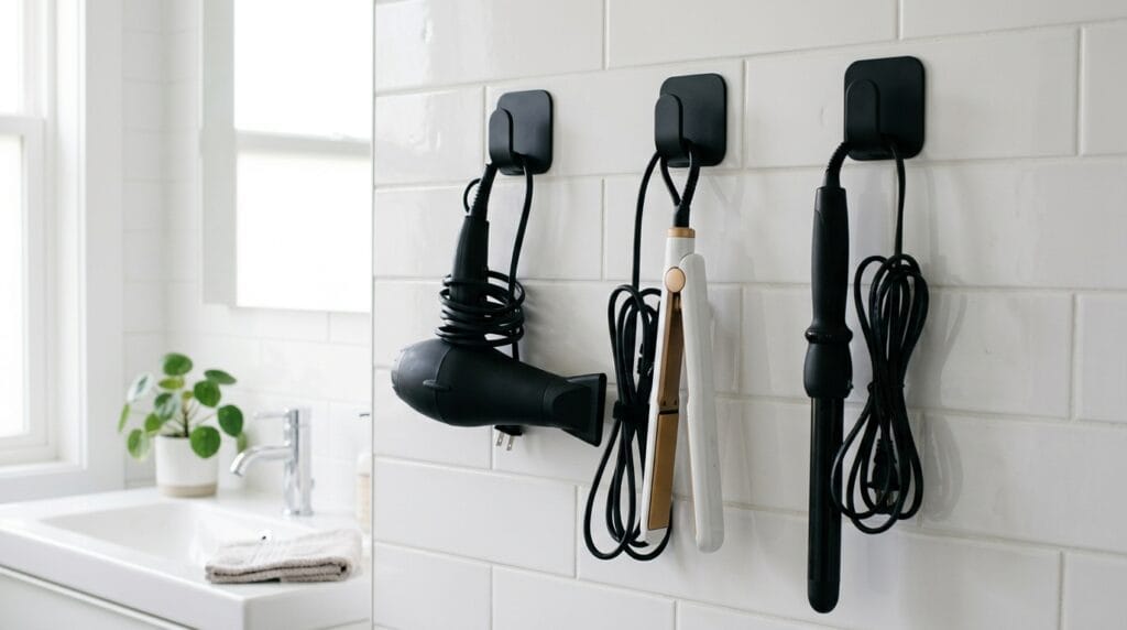 Best Hair Tool Storage Ideas for Your Bathroom (Wall + Drawer) 7 Adhesive hooks on white bathroom wall holding hair dryer, styling tool, and wrapped cord.