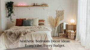 Softly lit aesthetic bedroom styled with layered decor across every surface and wall