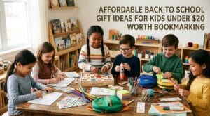 Kids gathered around colorful school supplies, crafts, stickers, and learning tools.