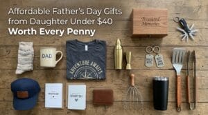 Thirteen affordable Father's Day gifts for daughters arranged on a natural wood surface