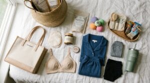 A flat lay of fifteen new mom essentials on soft white linen in natural light.