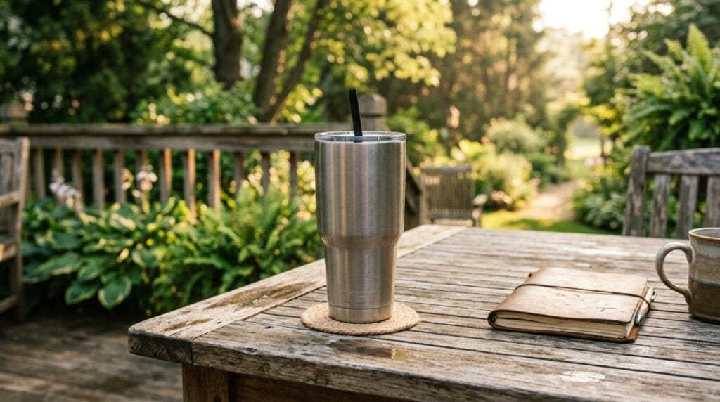 Stainless steel insulated tumbler resting on an outdoor wooden table in soft morning light
