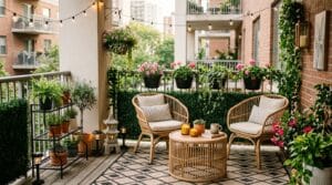 A small balcony styled with string lights, potted greenery, woven seating, and privacy screening