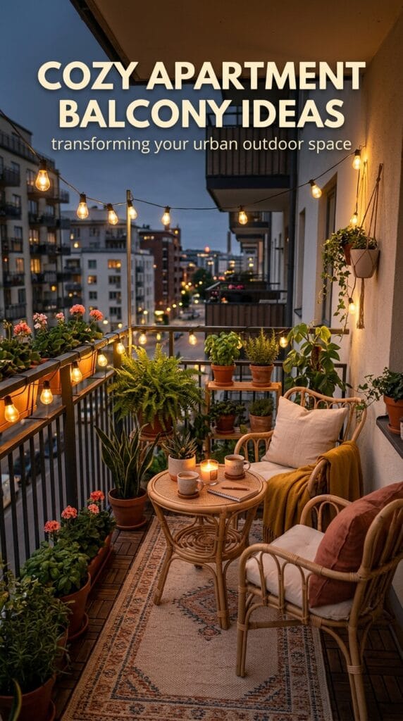 Apartment Balcony Decor Ideas: Cozy Setup for Any Size 2 Cozy apartment balcony featuring string lights, a bistro set, outdoor rug, and layered plants creating a relaxing outdoor retreat.