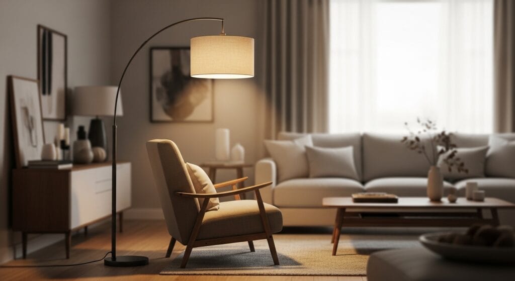 Tall arc floor lamp beside a reading chair, warm ambient living room light.