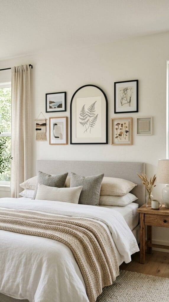 Black arch-top gallery frame displayed on a white bedroom wall surrounded by rectangular frames