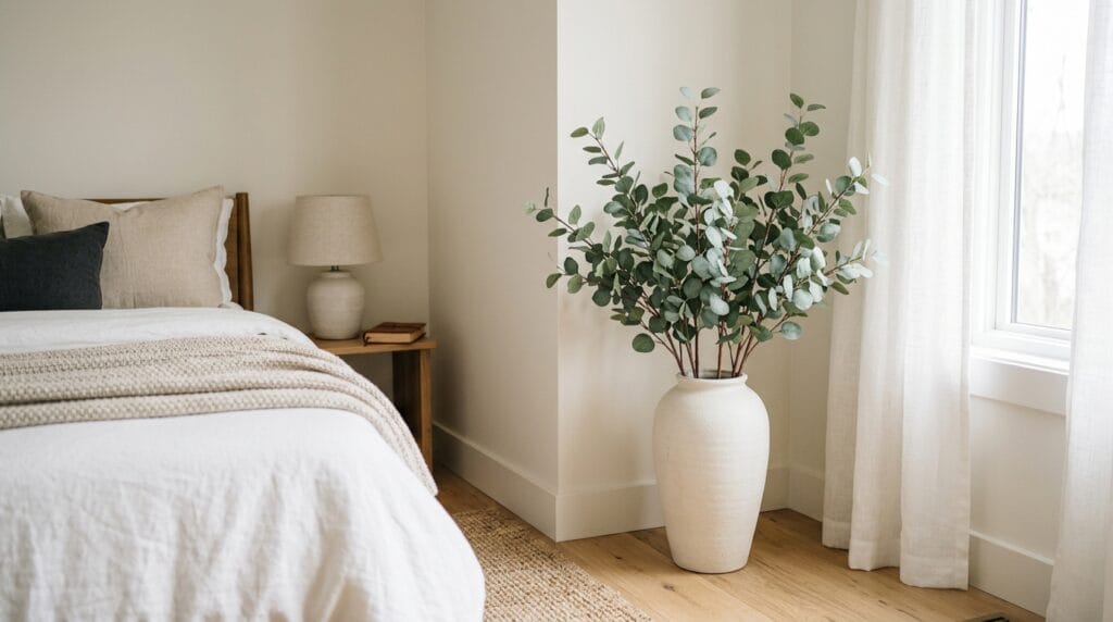 Sage green bedroom decor ideas: calm, fresh and timeless 8 Tall artificial eucalyptus greenery stems in a ceramic vase in a bedroom corner