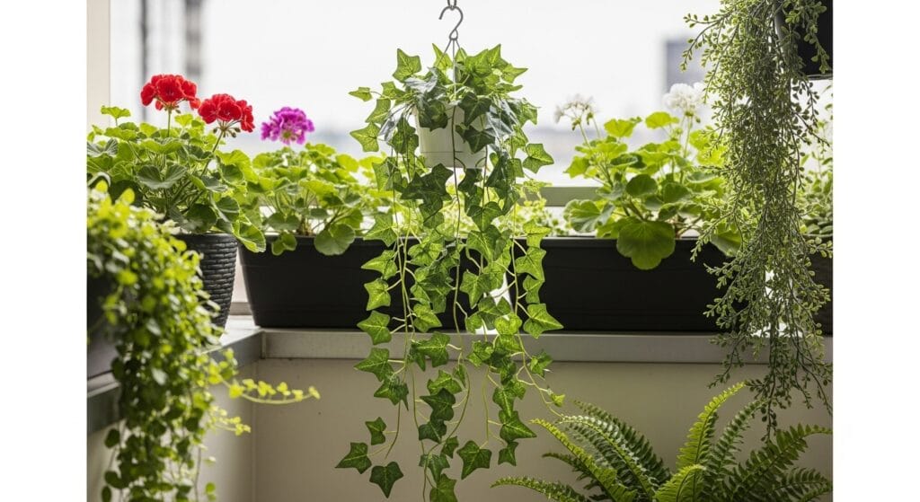 Small balcony decor ideas: make a tiny outdoor space beautiful 8 Artificial trailing ivy hanging on a small balcony alongside real potted plants.