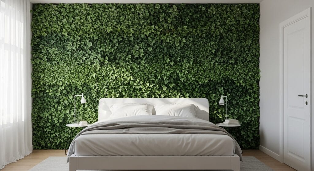 Lush artificial ivy panels covering a bedroom feature wall behind a white bed
