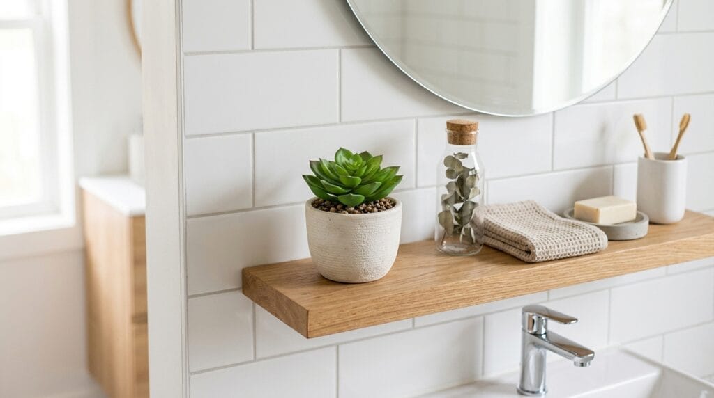 Modern Small Bathroom Ideas: Sleek, Functional and Gorgeous 6 Small artificial potted plant displayed on a floating shelf in a modern bathroom