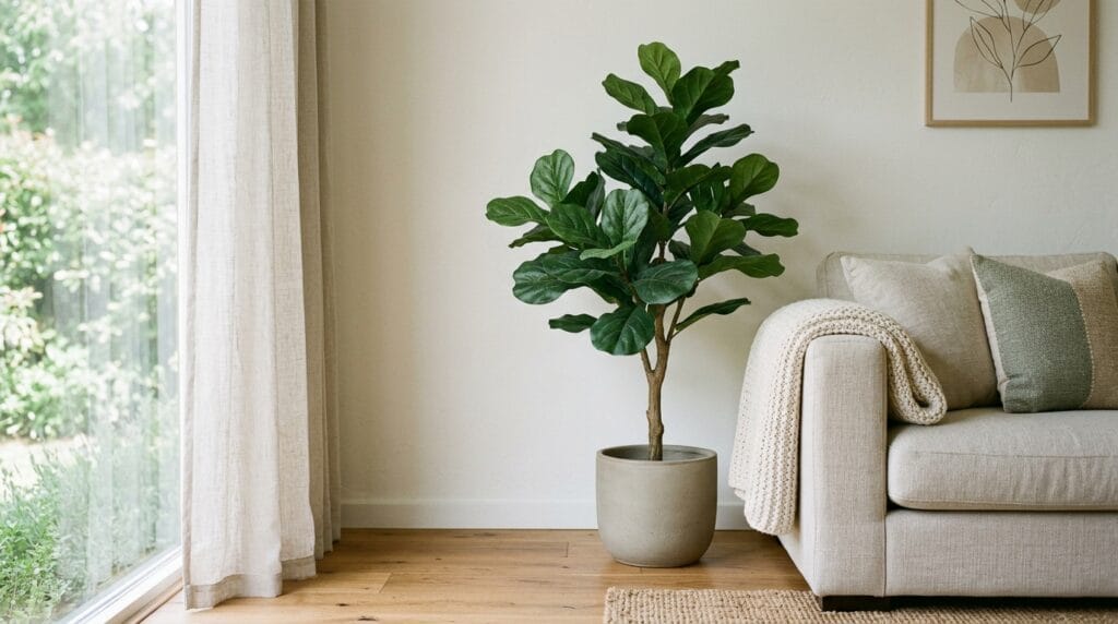 Cheap living room makeover: affordable decor finds under $30 5 Artificial potted plant in a neutral planter positioned beside a light living room sofa.