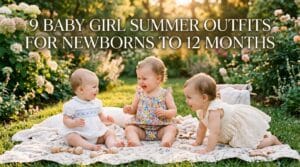 Three baby girls outdoors wearing a mix of smocked, floral, and eyelet summer outfits.