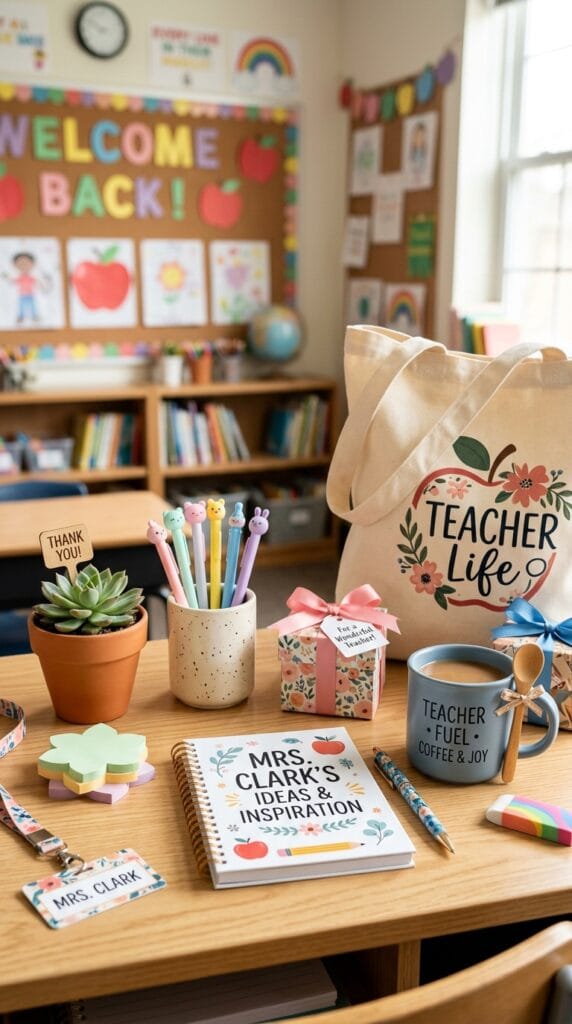 Affordable teacher gift ideas arranged on a classroom desk for back-to-school season.