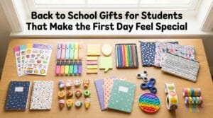 Ten colorful back-to-school student gift items arranged on a bright wooden desk
