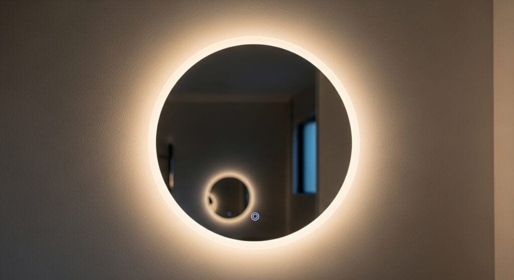 Backlit LED vanity mirror glowing softly against a white bathroom wall.