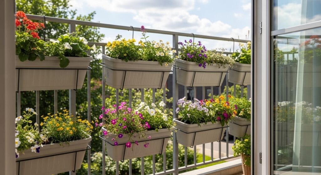 Small balcony decor ideas: make a tiny outdoor space beautiful 6 Multiple railing planters attached along a balcony rail with colorful blooms.