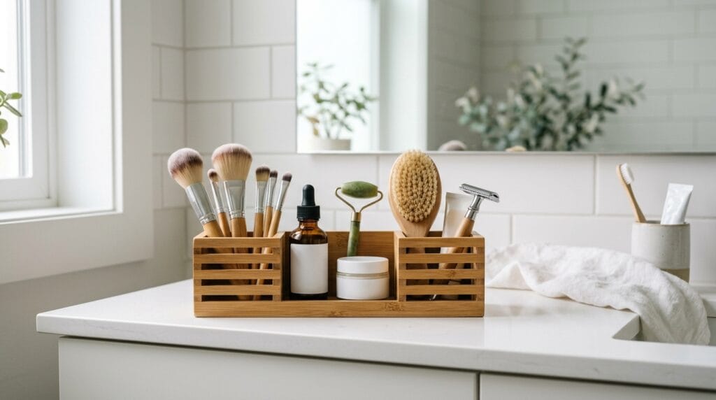 Modern Small Bathroom Ideas: Sleek, Functional and Gorgeous 5 Bamboo countertop organizer caddy with beauty tools on a modern bathroom vanity