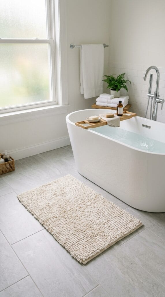Thick cream bath mat placed on grey tile flooring in front of a bath