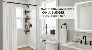 Styled budget bathroom with black fixtures, woven mat, and backlit mirror.