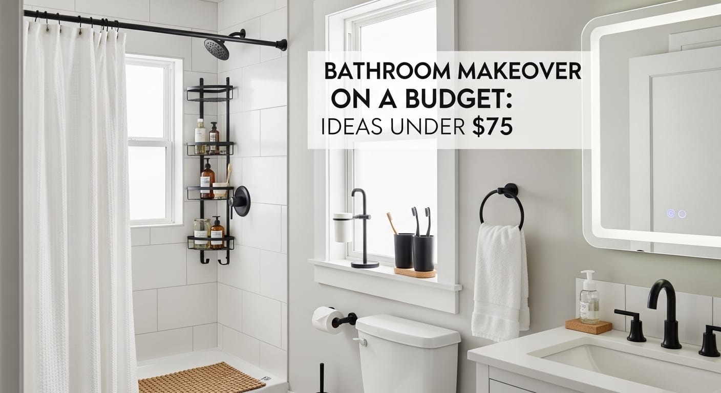 Styled budget bathroom with black fixtures, woven mat, and backlit mirror.