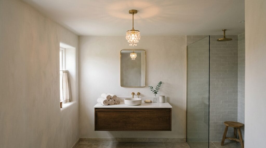 Modern Small Bathroom Ideas: Sleek, Functional and Gorgeous 11 Small chandelier style pendant light fixture in a compact modern styled bathroom
